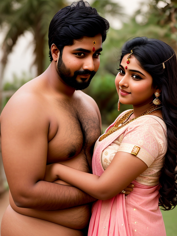 Romantic Indian couple, chubby girl and slide beard boy with a dusky skin tone in an Indian atire