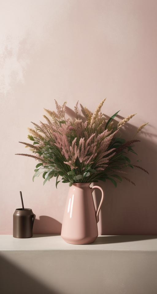 Picture of a package of premium coffee beans. With a fascinating environment, Super wide shot, rule of thirds, A vase with, Indoor, Dried flowers and grasses, Super wide shot, Rule of thirds, Against a neutral pink wall, Super wide shot, rule of thirds, Against a neutral pink wall, In the style of light white and light brown, Furaffinity, Post-minimalist, Light brown and light amber, Uhd image, Emile claus, Sculpted