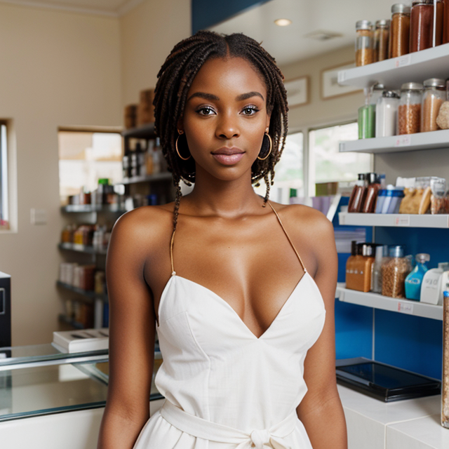 a photo of a beautiful, cute, African woman in traditional, standing behind the counter, blue eyes, shiny skin, freckles, detailed skin, price labels, a masterpiece