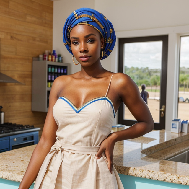 a photo of a beautiful, cute, African woman in traditional clothes, standing behind the counter, blue eyes, shiny skin, freckles, detailed skin, price labels, a masterpiece