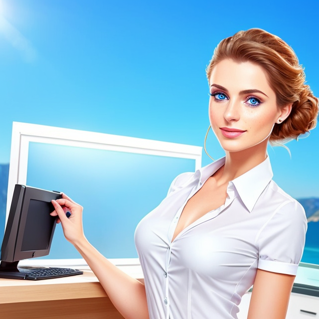 a photo of a beautiful, cute, generate an image for an amazed Turkish modern woman of an offer in summer office clothes with solid background, standing behind the counter, blue eyes, shiny skin, freckles, detailed skin, price labels, a masterpiece