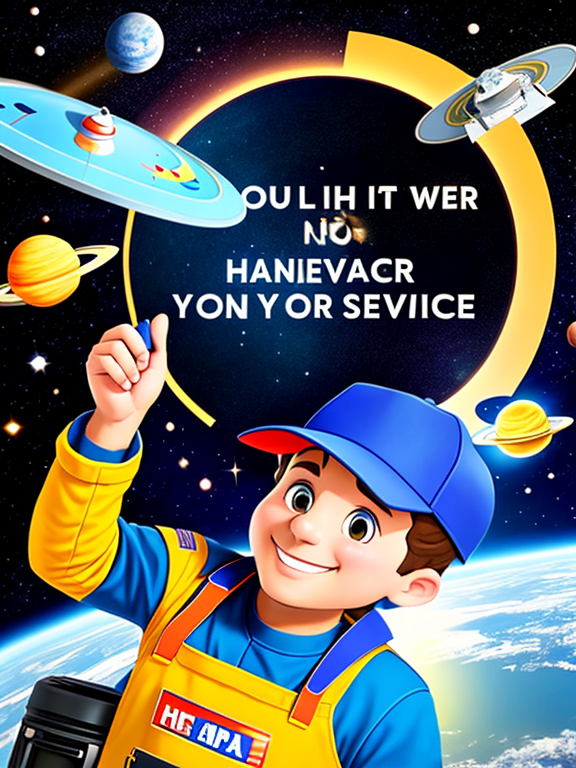 a handyman working in space, sign 