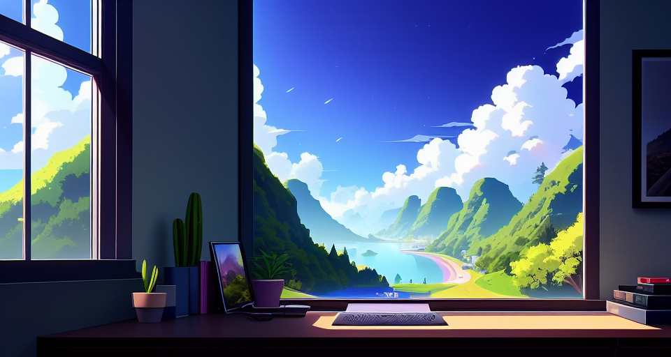 lofi anime cozy landscape , scenic view window, digital art by artists such as Loish, Ross Tran, and Artgerm, highly detailed and smooth, with a playful and whimsical feel, trending on Artstation and Instagram, 2d art, Lofi Music Anime Illustrations Wallpapers, unique and eye-catching thumbnails, covers for your YouTube videos and music tracks, Vector illustration, 2D, Anime style