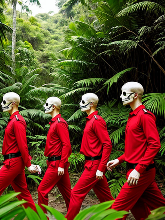 A group of six persons : one man dressed in red, three human guards dressed in dark and two skeletons walking in jungle