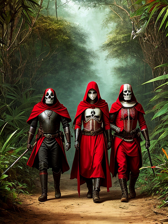A man dressed in red protected by three human guards in dark attire and two skeletons are walking in jungle, medieval fantasy universe, painting