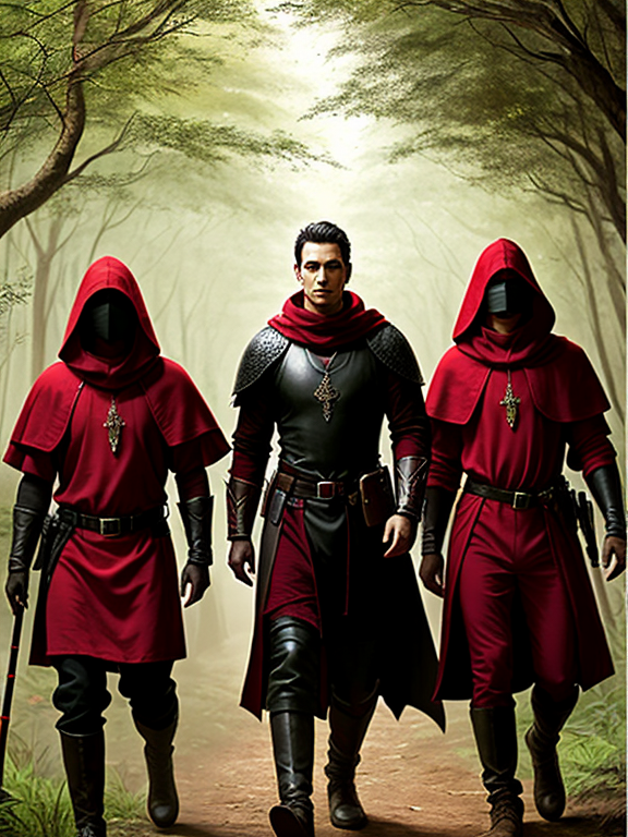 A man dressed in red protected by three human guards in dark attirewalking in jungle, medieval fantasy universe, painting