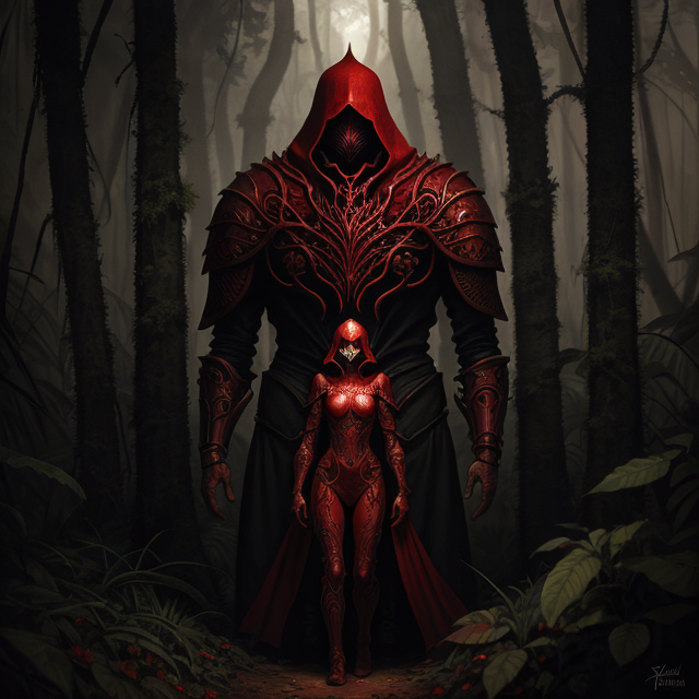  by Anton Semenov, A man dressed in red protected by three human guards in dark attirewalking in jungle, medieval fantasy universe, painting, abstract dream, intricate details <lora:Add More Details:0.7>
