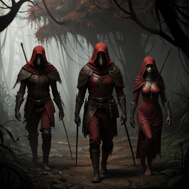  by Anton Semenov, A man dressed in red protected by three human guards in dark attire walking in jungle, medieval fantasy universe, painting, abstract dream, intricate details <lora:Add More Details:0.7>