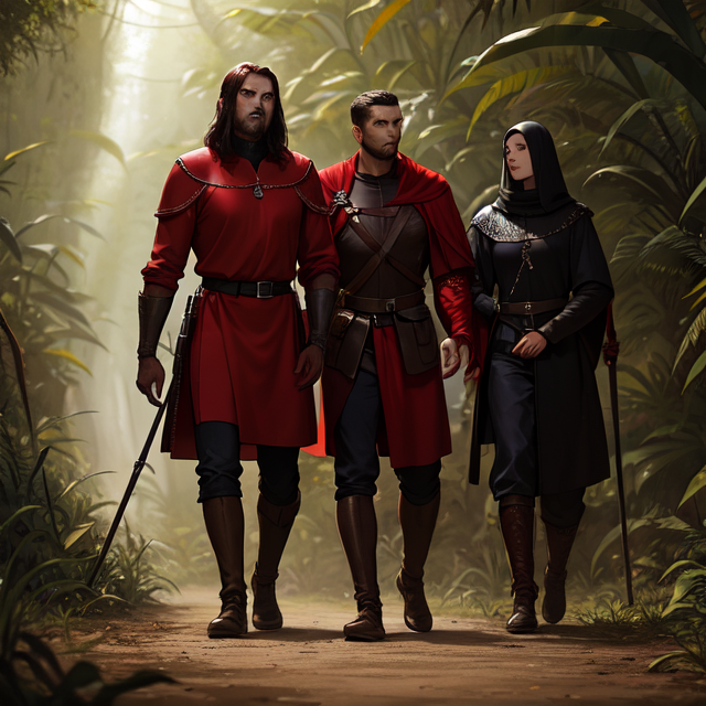 A man dressed in red protected by three human guards in dark attire walking in jungle, medieval fantasy universe, painting