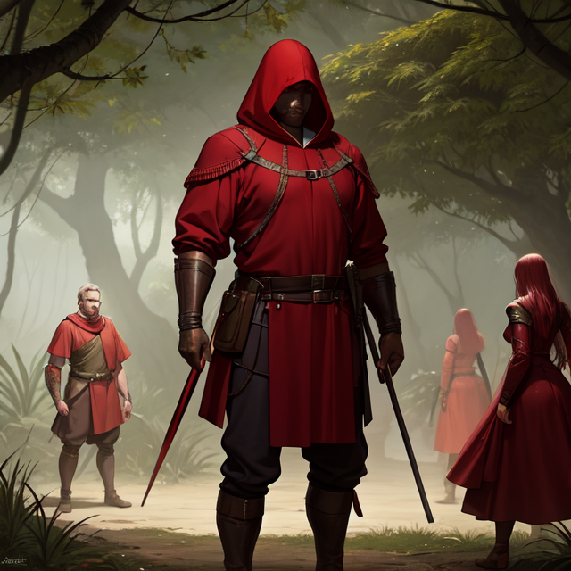 A man dressed in red protected by three human guards in dark walking in jungle, medieval fantasy universe, painting