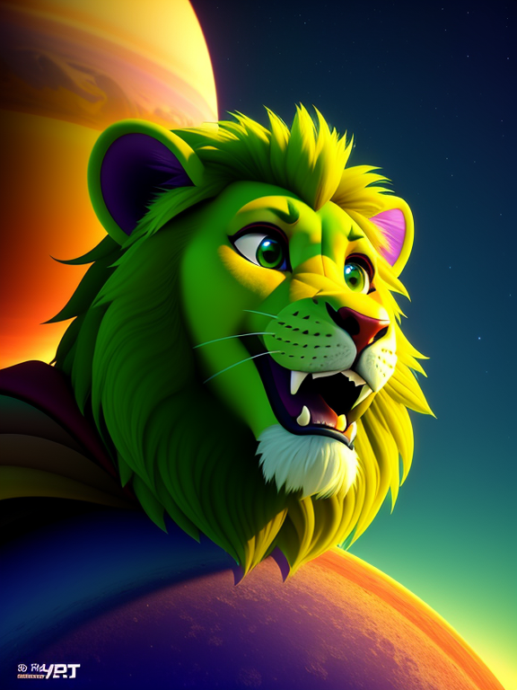 Pixar style, 3d style, Disney style, 8k, Beautiful, A new kind of lion on Saturn planet. He is green in color., 3D style rendered in 8k using, disney movie effect