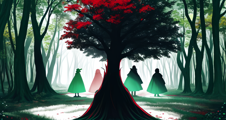 A vast and colorful forest of a natural green, the shade of dark trees. Near a tree a phantom, a black silhouette of a devil, the observer. In the center an albino rabbit, very realistic, a blood smile, red and hollow eyes dripping with blood. The blue sky break like glass, in a broken corner in the sky the multiverse shows itself.