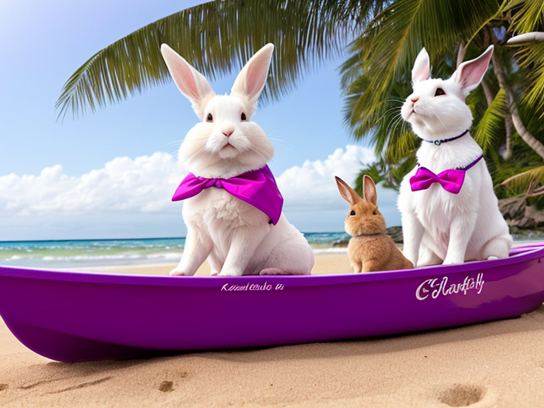 A female rabbit, furry, pink cheeks, leaning while rowing a shell on a beach. Her outfit a purple bikini. on the right two female dogs, furry, look at the rabbit.a shell on a beach. Her outfit a purple bikini. on the right two female dogs look at the rabbit.