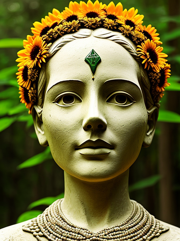 Create a highly detailed and surrealistic digital art piece of a statue with a skull-like face integrated with nature. The statue should have intricate carvings resembling aged ivory or bone, with hollow eyes framed by blooming golden marigolds. The entire figure should be interwoven with vibrant flowers and lush green leaves, giving the appearance that the statue is both ancient and alive. The background should be a mystical, dense forest with soft, ambient lighting that highlights the ethereal and magical quality of the scene. Ensure the flowers and leaves appear fresh and vibrant, contrasting with the aged texture of the statue.