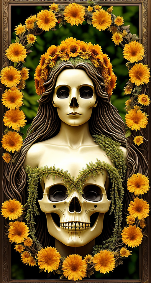 Create a highly detailed and surrealistic digital art piece of a statue with a skull-like face integrated with nature. The statue should have intricate carvings resembling aged ivory or bone, with hollow eyes framed by blooming golden marigolds. The entire figure should be interwoven with vibrant flowers and lush green leaves, giving the appearance that the statue is both ancient and alive. The background should be a mystical, dense forest with soft, ambient lighting that highlights the ethereal and magical quality of the scene. Ensure the flowers and leaves appear fresh and vibrant, contrasting with the aged texture of the statue.