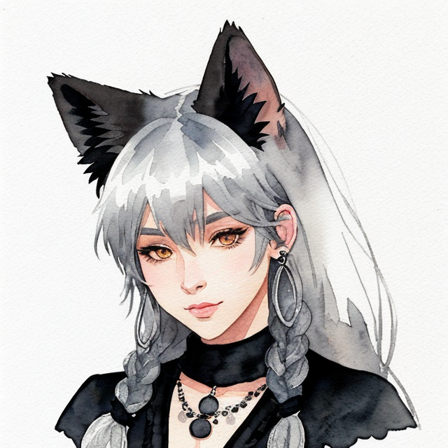 Silver fox furry art black foce black ears, A simple, minimalistic art with mild colors, using Boho style, aesthetic, watercolor
