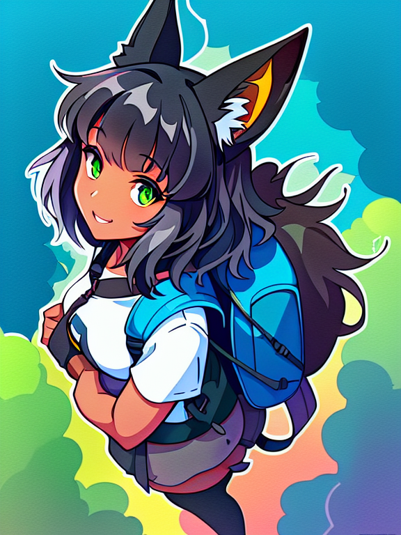 Silver fox furry art black face black ears, black curly-silky hair, tan skin, wearing a backpack, style cartoon, colors, two-dimensional, planar vector, character design, T-shirt design, stickers, colorful splashes, and T-shirt design, Studio Ghibli style, soft tetrad color, vector art, fantasy art, watercolor effect, Alphonse Mucha, Adobe Illustrator, digital painting, low polygon, soft lighting, aerial view, isometric style, retro aesthetics, focusing on people, 8K resolution, octane render