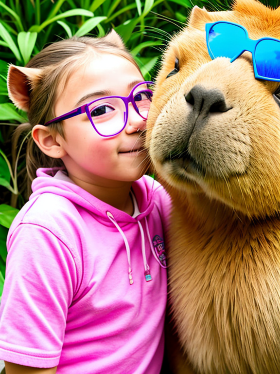 A capybara wearing pink glasses is hugging a capybara wearing blue glasses