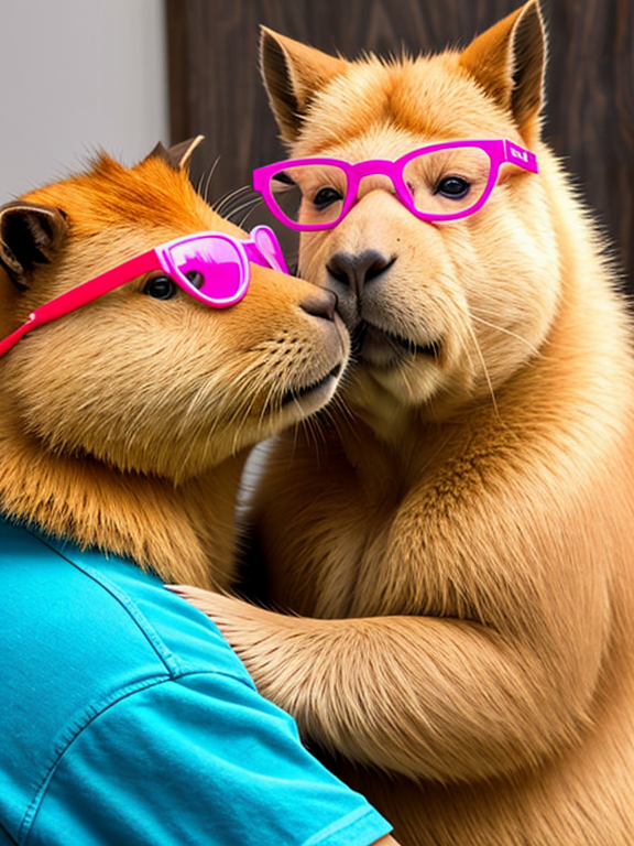 A capybara wearing pink glasses hugs a capybara wearing blue glasses