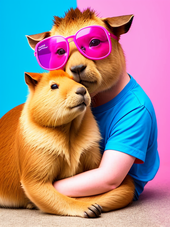 A capybara wearing pink glasses hugs a capybara wearing blue glasses