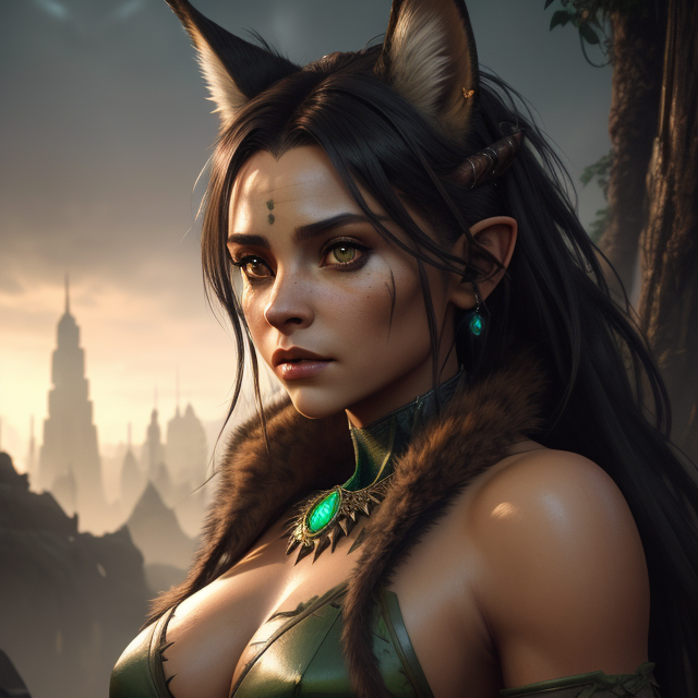 detailed symmetric beautiful hazel eyes, Orc female, Greenish skin tone, Muscular body, Large tusks and Pointed ears, with characteristics of a 