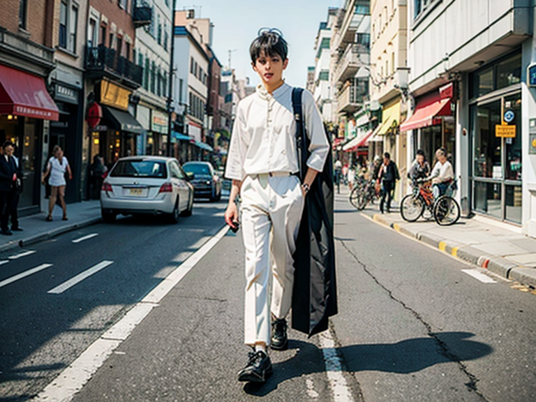 Show a boy walking in the street wearing white and black clothes and people will stare at him