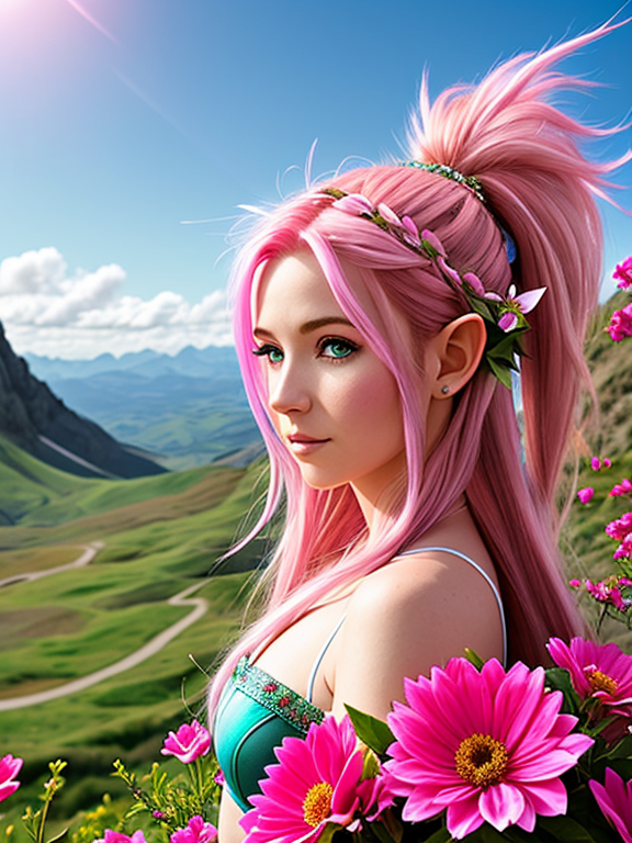 eladrin elf with pink hair and pink flowers growing out of her hair. Some petals are floating off the flowers on her head into the wind behind her. background is on top of a mountain with a clear sky.