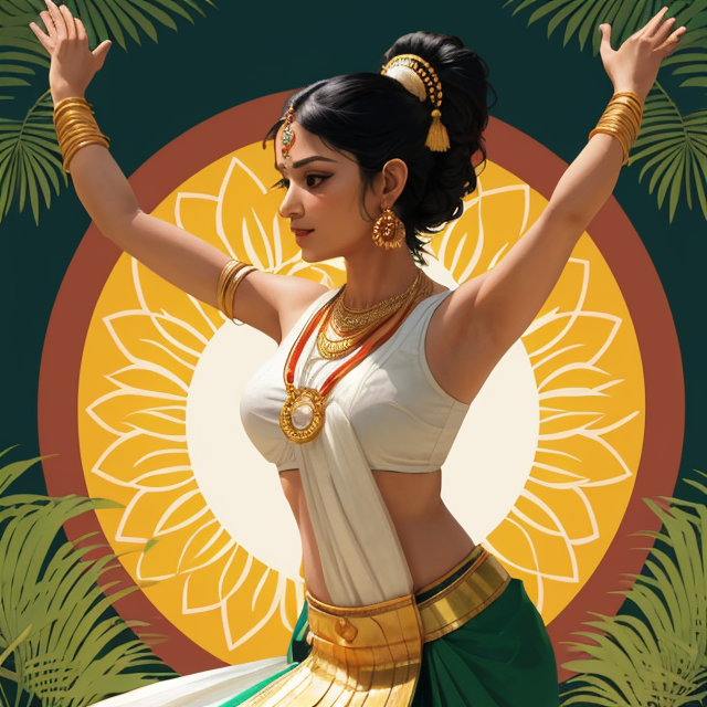 logo with indian dance modern woman, planar vector, character design, japan style artwork, on a shamanic vision quest, with beautiful nocturnal sun and lush Amazon jungle in the background, subtle geometric patterns, clean white background, professional vector, full shot, 8K resolution, deep impression illustration, sticker type, vibrant color, colorful background, a painting illustration , 2D, Dance
