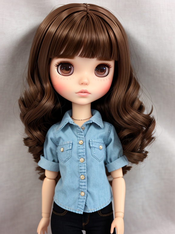 Blythe Doll with brunette middle lenght brown hair, hazel eyes, no bangs , and blushy cheeks