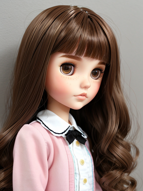 Blythe Doll with brunette middle lenght brown hair, hazel eyes, without bangs , and blushy cheeks