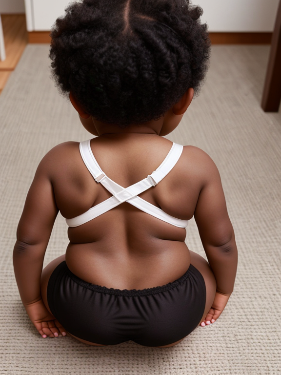 A ebony toddler with no pants  and undergarments on fours back view 