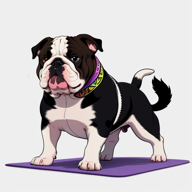 Cute bulldog stretching on a yoga mat, vector, vibrant color, incredibly high details, white background, plashing colors, Cartoon character, stickers designs