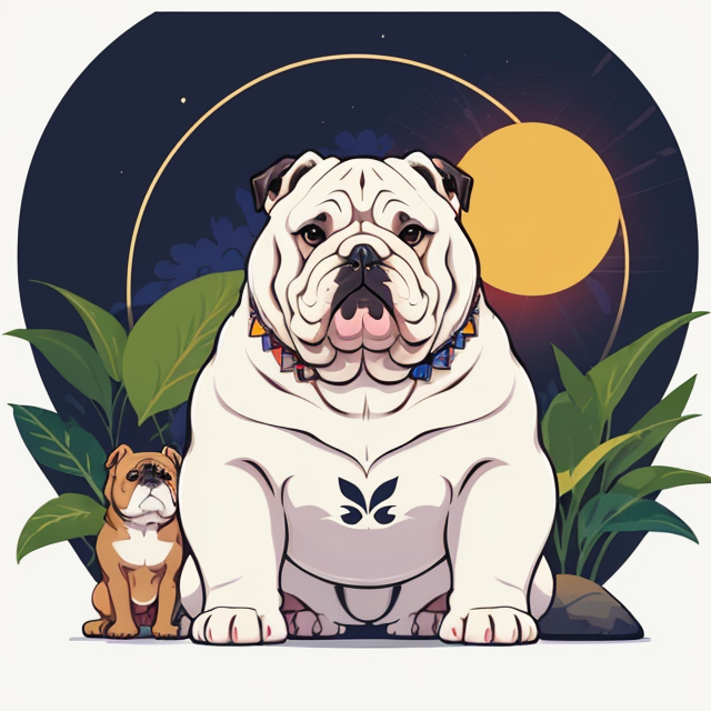 Cute bulldog mediating zen atmosphere namaste, planar vector, character design, japan style artwork, on a shamanic vision quest, with beautiful nocturnal sun and lush Amazon jungle in the background, subtle geometric patterns, clean white background, professional vector, full shot, 8K resolution, deep impression illustration, sticker type, vibrant color, colorful background, a painting illustration , 2D