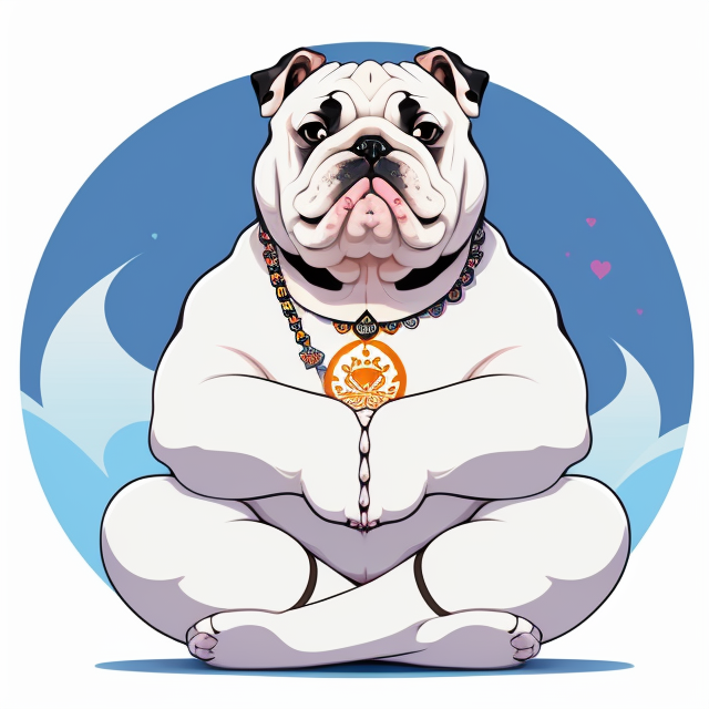 Cute bulldog mediating pose zen atmosphere namaste, vector, vibrant color, incredibly high details, white background, plashing colors, Cartoon character, stickers designs