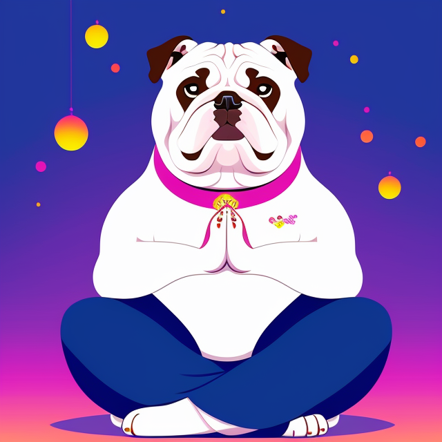 Cute bulldog mediating pose zen atmosphere namaste, vector, vibrant color, incredibly high details, white background, plashing colors, Cartoon character, stickers designs