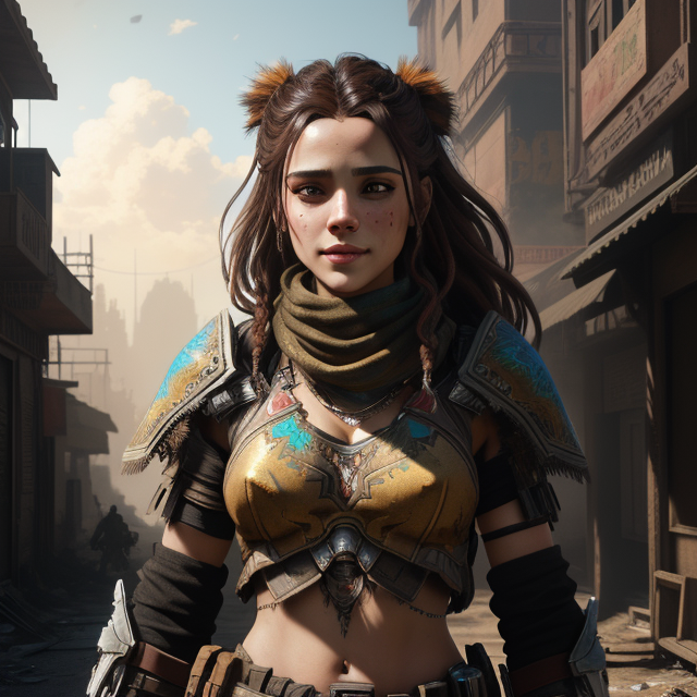 detailed symmetric beautiful hazel eyes, I need the picture to move, the girl is smiling and looking into the distance, apocalyptic environment, splatter drippings, style of Horizon Zero Dawn, style of Brian Froud, Carne Griffiths, Wadim Kashin, John William Waterhouse, centre image, golden hour, 8k, soft lighting aesthetic, edge-to-edge print, volumetric lighting, TanvirTamim, cinematic, colorful background, concept art, dramatic lighting, high detail, highly detailed, hyper realistic, intricate, intricate sharp details, octane render, smooth, studio lighting, trending on artstation