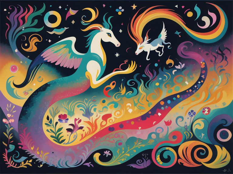 Cool design, mermaids, and gryphons, with musical elements like notes and instruments, The artist's use of rhythmic patterns and harmonious colors evokes the sense of a symphony of mythical beings. Artist: Wassily Kandinsky, known for his abstract art and emphasis on the connection between music and painting., Mythical Symphony, An abstract artwork that combines mythical creatures 
