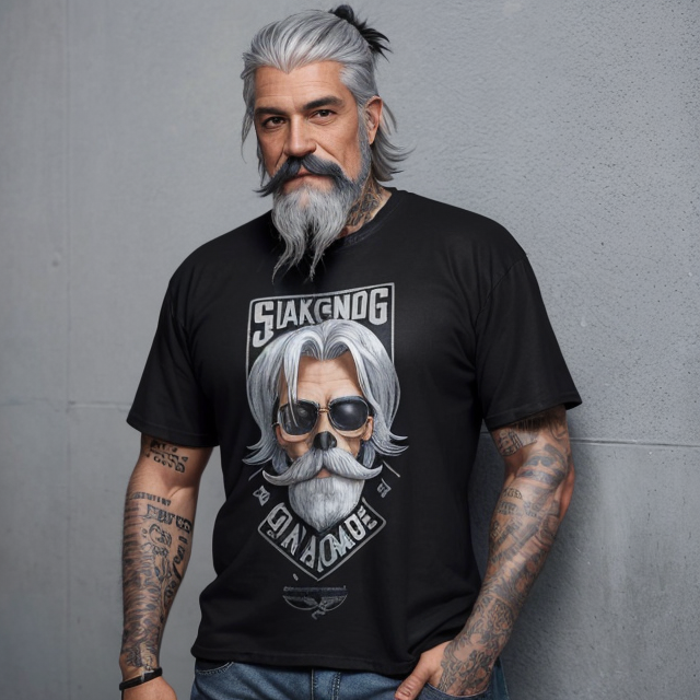 A silver haired man, dark black mustache, gray and black beard. Wearing a Flannel shirt, with a skull T-shirt poking through and skinny jeans. His sleeves are rolled up and you can see tattoos on his arms. Blue high top sneakers., cartoon style, Simpson style