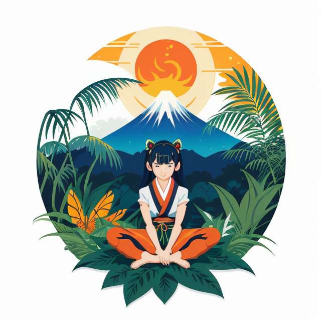 Best pic, planar vector, character design, japan style artwork, on a shamanic vision quest, with beautiful nocturnal sun and lush Amazon jungle in the background, subtle geometric patterns, clean white background, professional vector, full shot, 8K resolution, deep impression illustration, sticker type, vibrant color, colorful background, a painting illustration , 2D