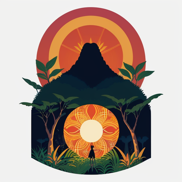 informática, planar vector, character design, japan style artwork, on a shamanic vision quest, with beautiful nocturnal sun and lush Amazon jungle in the background, subtle geometric patterns, clean white background, professional vector, full shot, 8K resolution, deep impression illustration, sticker type, vibrant color, colorful background, a painting illustration , 2D