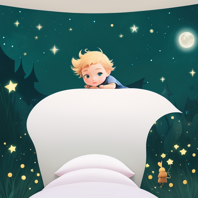 me as the little prince, dark night, Bedtime story, starry night with big moon, dreamy fantasy, matte palette, delicate details, by Tracie Grimwood, children book artistic illustration, 8K UHD --v 4, Pixar style, disney style
