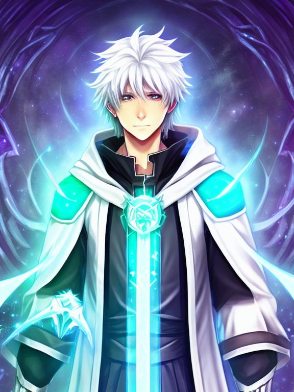 An teenage anime boy with white frosty hair, glowing blue eyes, a