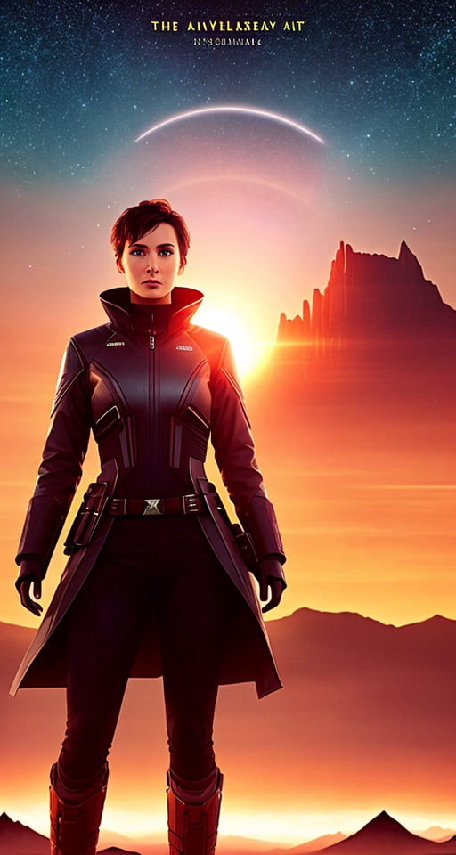 An illustration of a 90s style science fiction book cover featuring an athletic woman with short hair, dressed in a futuristic gunslinger outfit with a long, elegant coat. She has a square jaw and a determined look as she walks towards the camera, her thoughtful gaze turned to the side. The setting is an alien savanna-like planet with distant mountains on the horizon and a red sun rising behind the mountains. In the distance behind the woman, there is a burning spaceship wreck with smoke rising into the sky.