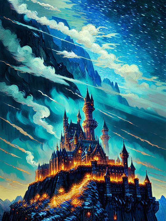 A Castle Dungeons and Dragons , time lapse, swirling night sky by Van Gogh, fantasy, dreamlike, 4k, symmetrical, intricate details, highly detailed, by ross tran, wlop, artgerm and james jean, Brian Froud, art illustration by Miho Hirano, Neimy Kanani, highly detailed, vibrant, TanvirTamim, rendered in unreal engine, photorealistic, trending on artstation, sharp focus, studio photo, Atey Ghailan and Beatrix Potter