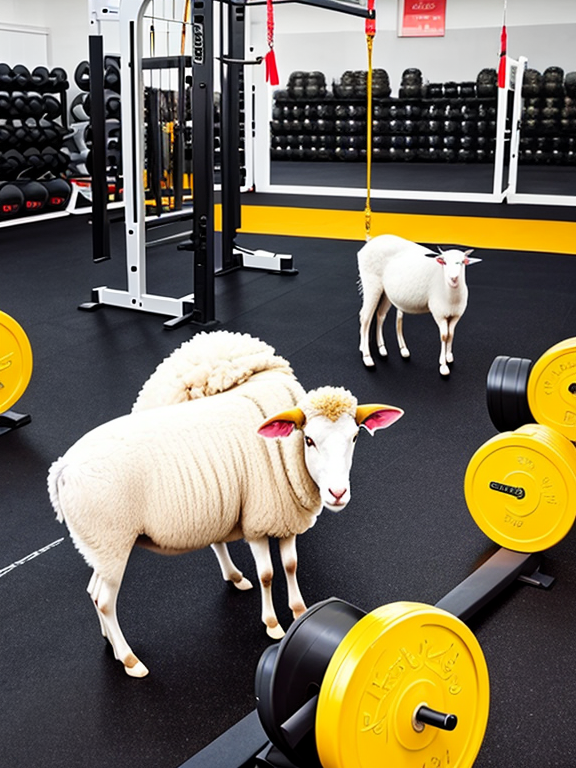 create a photo for eid al azha with gym equipment having photo of sheep on it