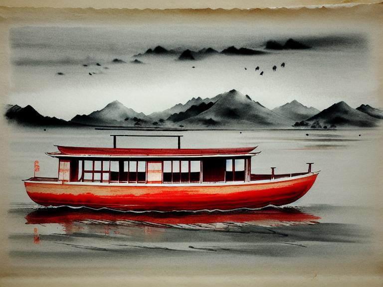 muted chinese ink painting scroll, muted colors, rice paper texture, splash paint, unite chile and argentina, boat, small red sun, Lakeside, Morning light, Clouds wet to wet techniques, perfect balance composition, highly detailed, ((highest quality)),  ink painting style, old chinese art style