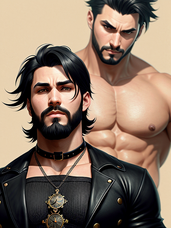 boy, muscle, black hair, short hair, beard, choke collar, fantasy character, steampunk noir, perfect anatomy, centered, approaching perfection, dynamic, highly detailed, artstation, concept art, soft, sharp focus, illustration, full background