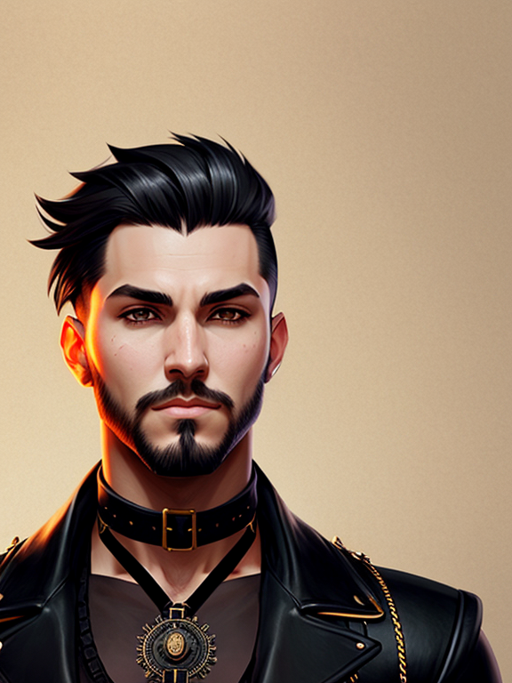boy, muscle, black hair, short hair, beard, choke collar, fantasy character, steampunk noir, perfect anatomy, centered, approaching perfection, dynamic, highly detailed, artstation, concept art, soft, sharp focus, illustration, full background