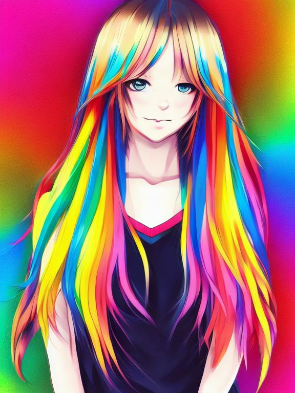 Anime girl, Long hair, Rainbow, Bold, impressive, modern outfits, she smirked, She poses nicely, Anime art style, 