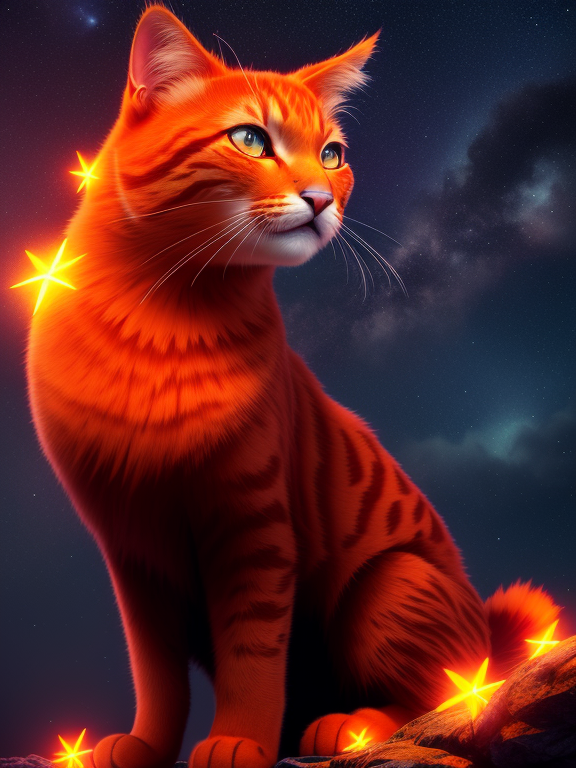 Orange cat with glowing stars in fur, background of night sky, illustration, Breathtaking, 8k, Extremely detailed, Beautiful, artistic, Hyperrealistic, Octane render, Cinematic lighting, Dramatic Lighting, Masterpiece